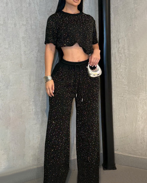 Sparkling Rhinestone Loose Casual 2-Piece Set Black