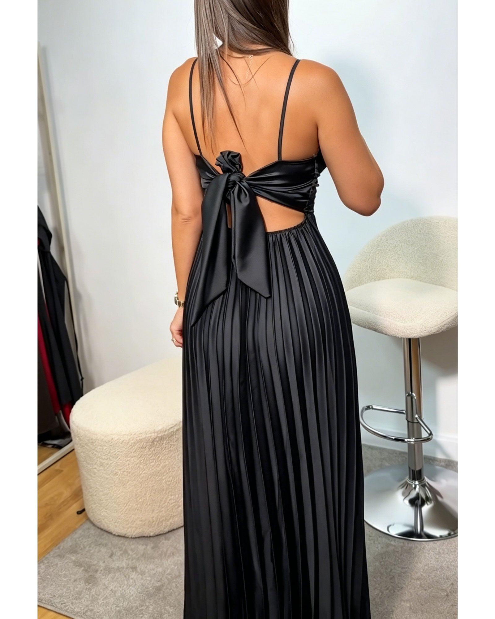 Spaghetti Strap Ruffled Backless Bow Cutout Pleated Maxi Dress