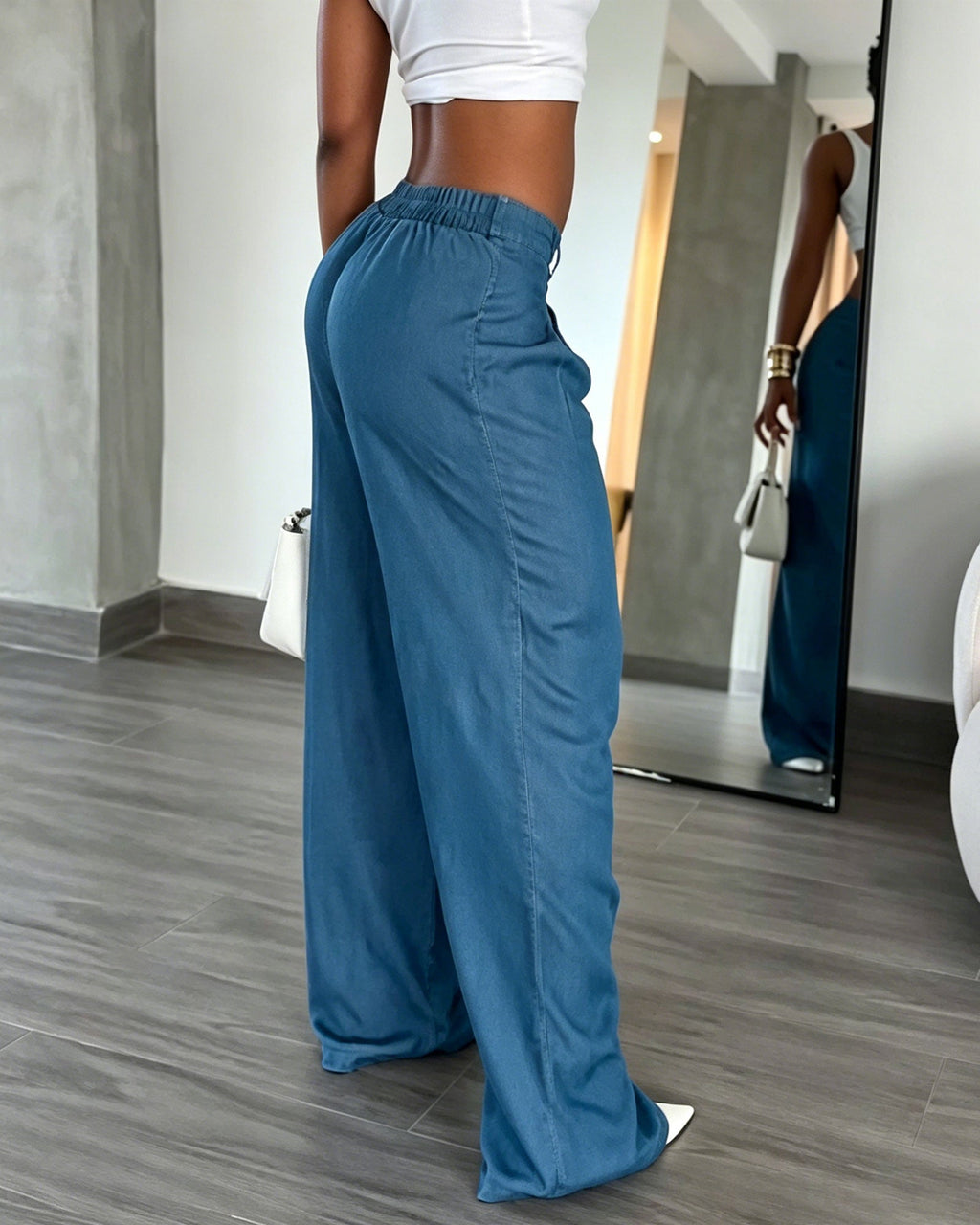 Washed Pleated Wide Leg Jeans