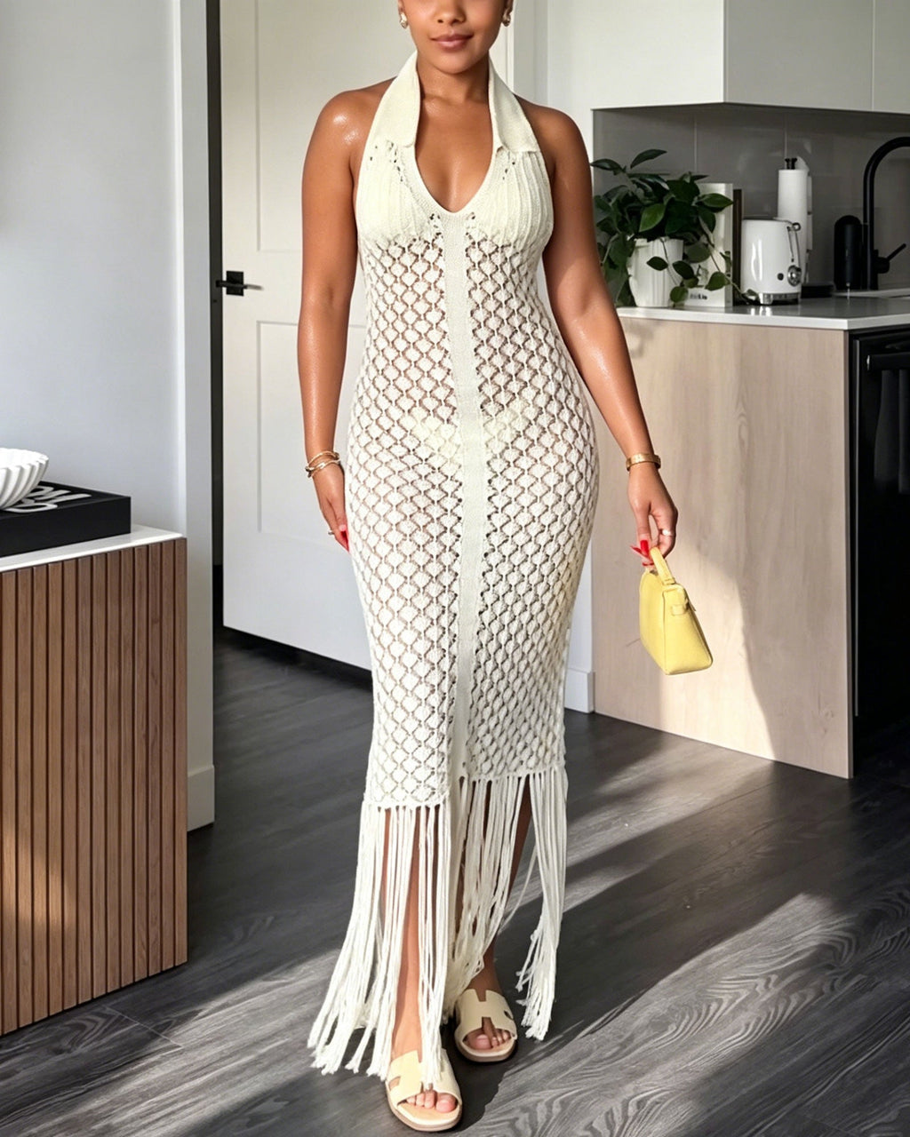 Openwork Crocheted Backless Tassel Hem Midi Length Cover Up Dress