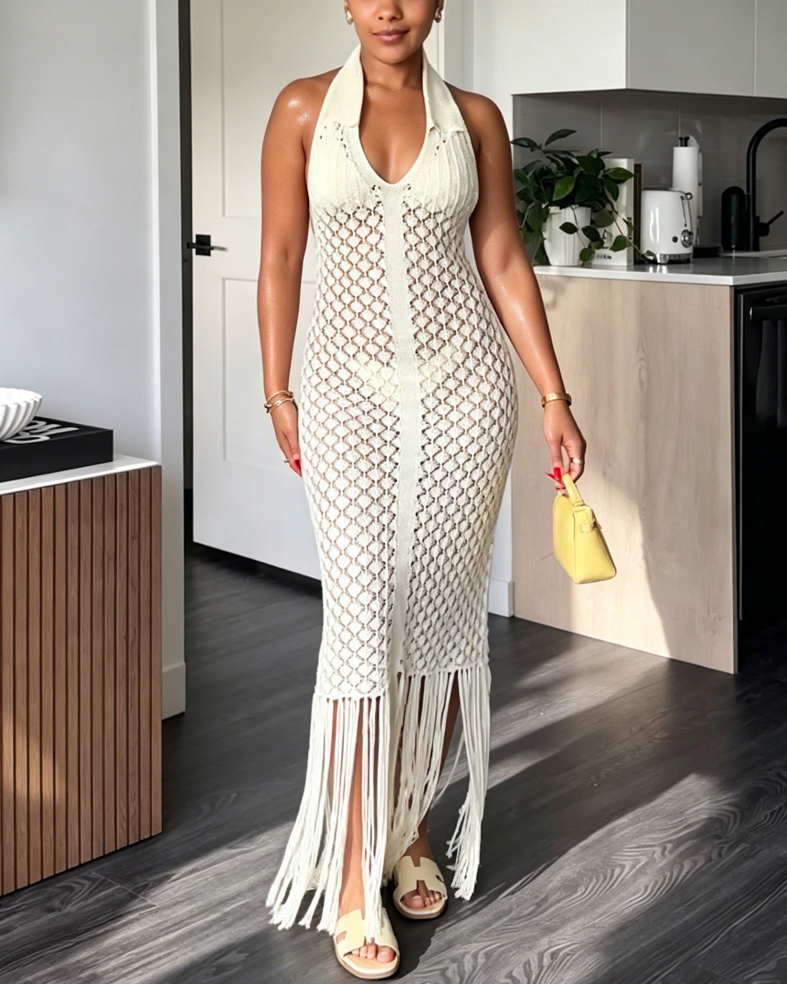 Openwork Crocheted Backless Tassel Hem Midi Length Cover Up Dress
