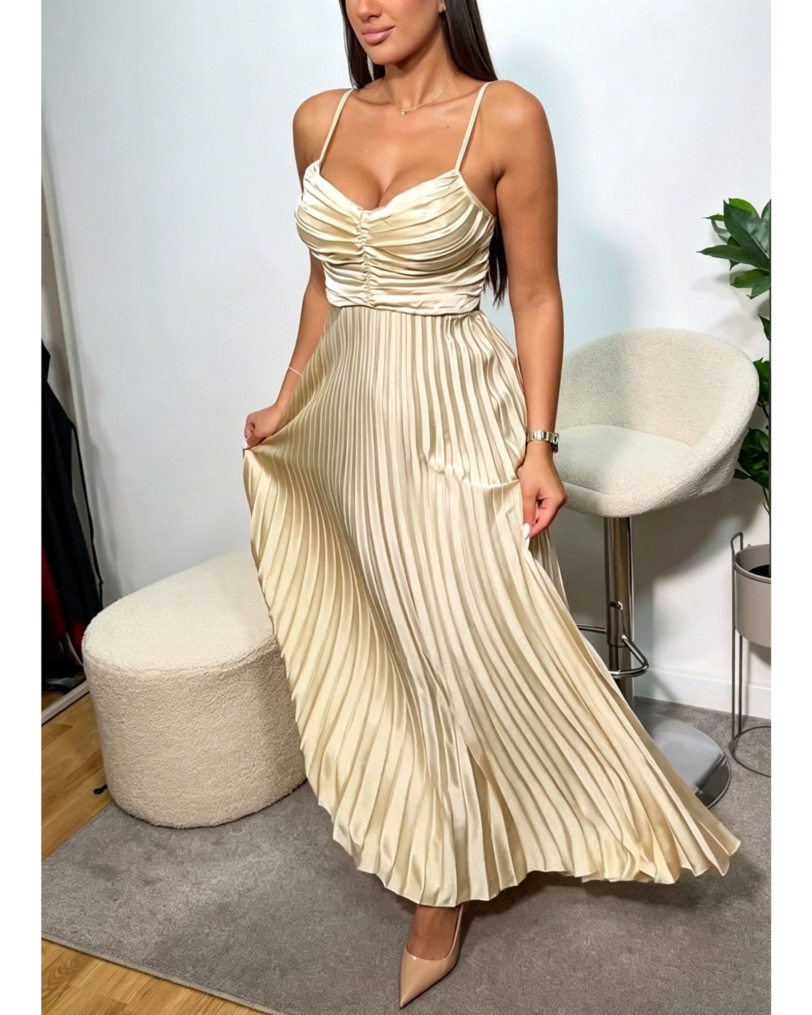 Spaghetti Strap Ruffled Backless Bow Cutout Pleated Maxi Dress