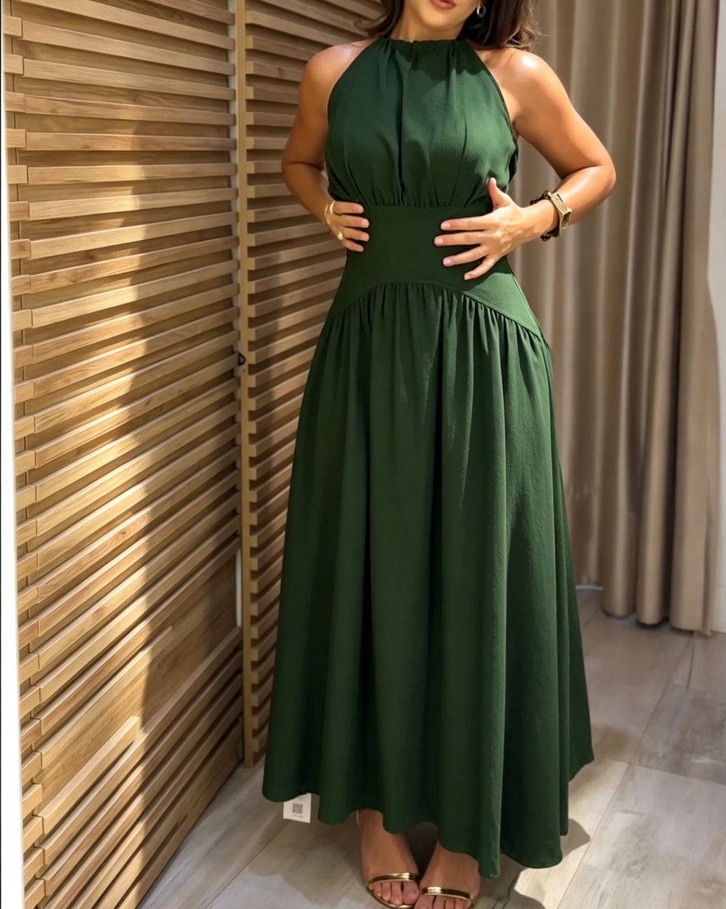 Solid Color Backless Tie Waist Pleated Flowing Long Dress