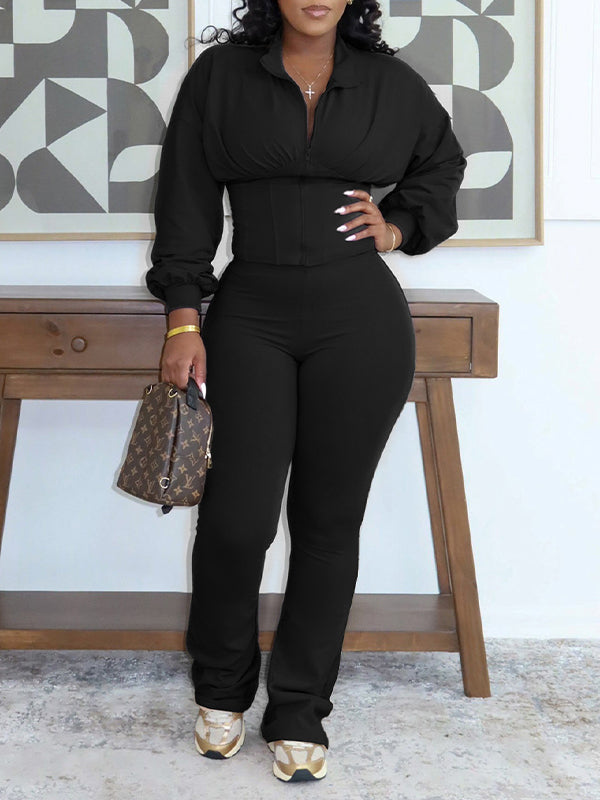 Solid Cinched-Waist Top & Pants Set