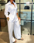 Two Piece Set: Long Sleeved Shirt With Back Tie And High Waisted Wide Leg Pants