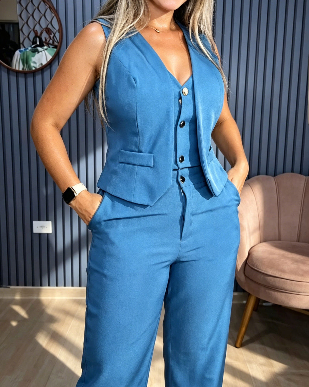 Sleeveless V-Neck Waistcoat & High-Waisted Wide Leg Pants Two-Piece Set
