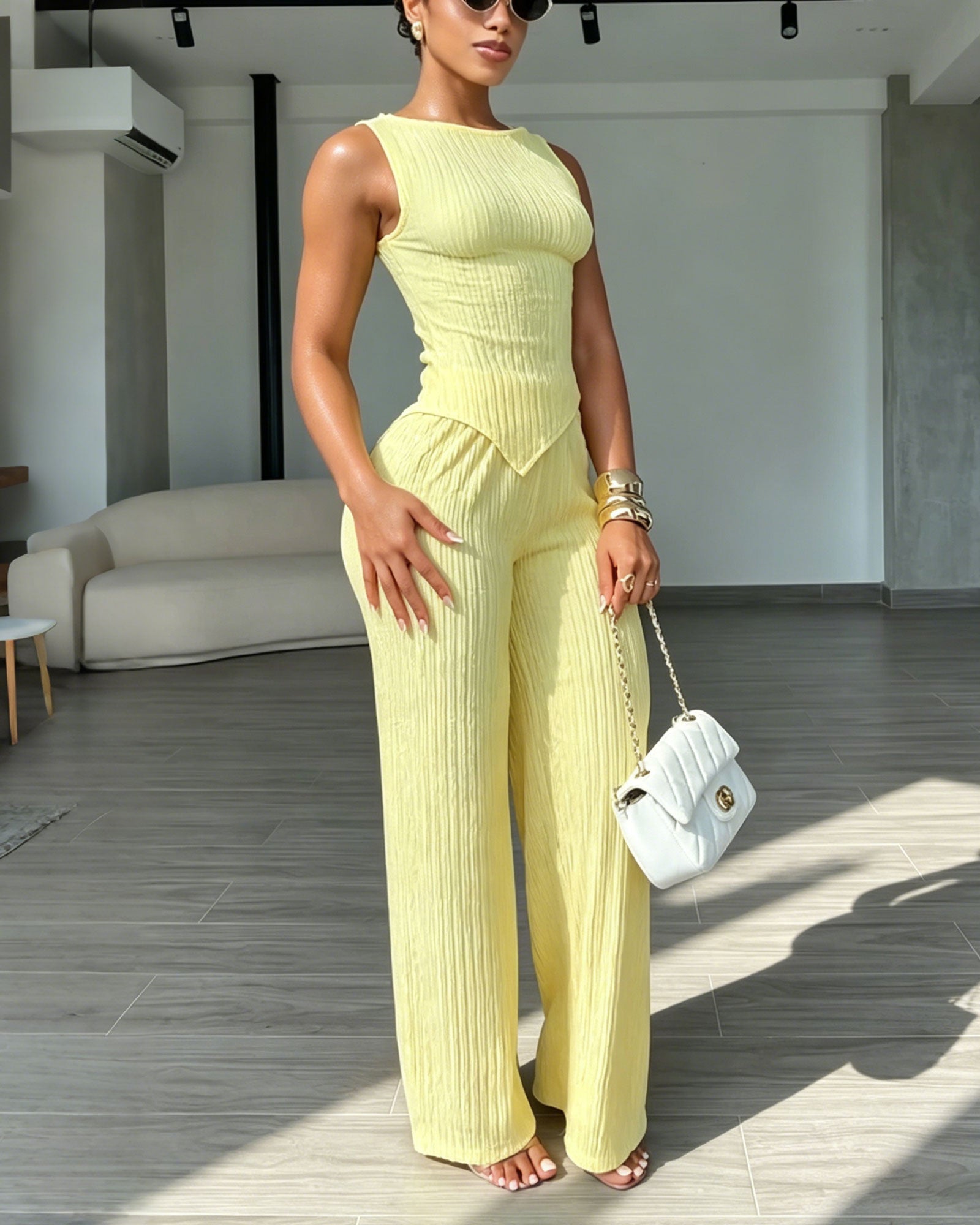 Vertical Striped Sleeveless Pointed Hem Vest And High Waisted Wide Leg Pants Two Piece set