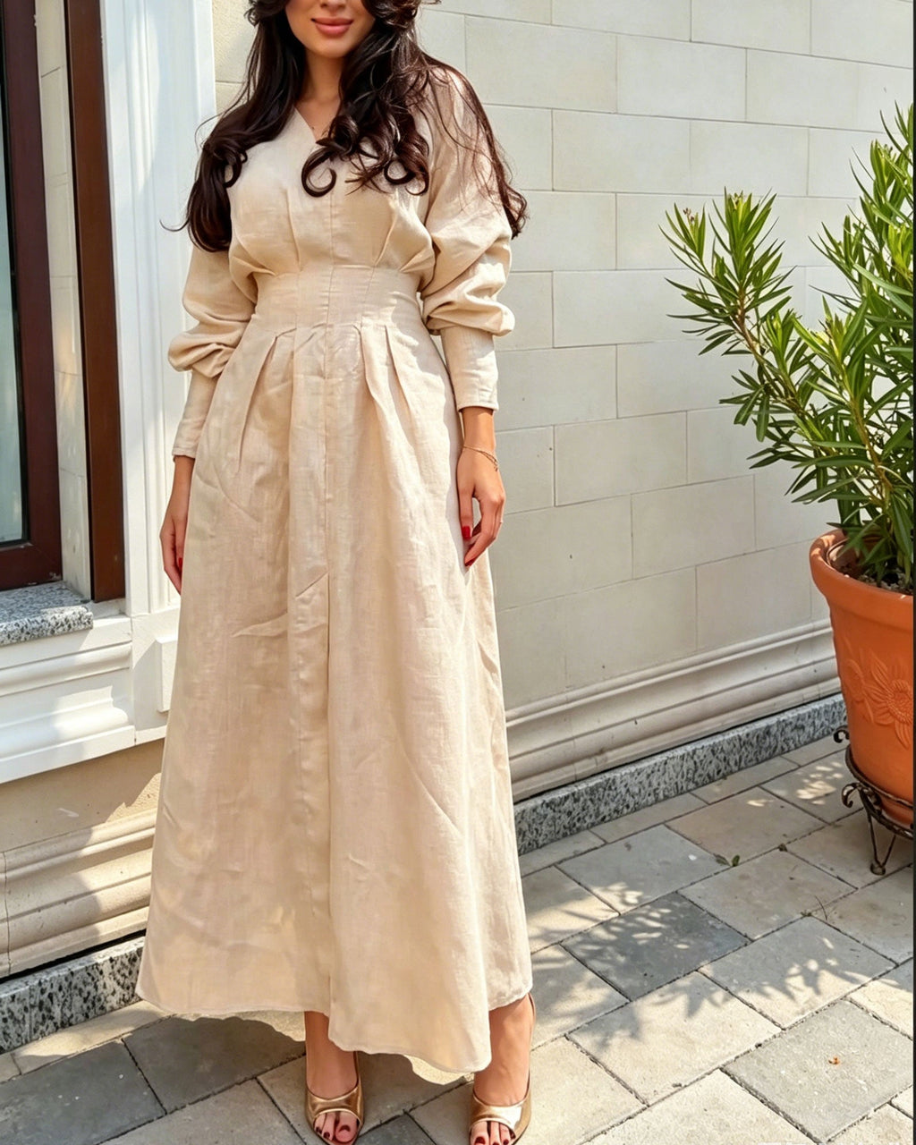 Linen V-Neck Long Sleeved High Waisted Dress With Back Tie And Front Slit