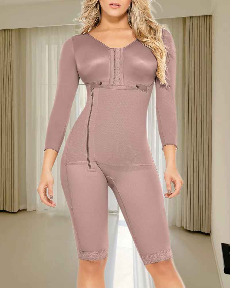Side Zipper Breast Support Sleeved Tummy Control Full Body Shapewear RosyBrown