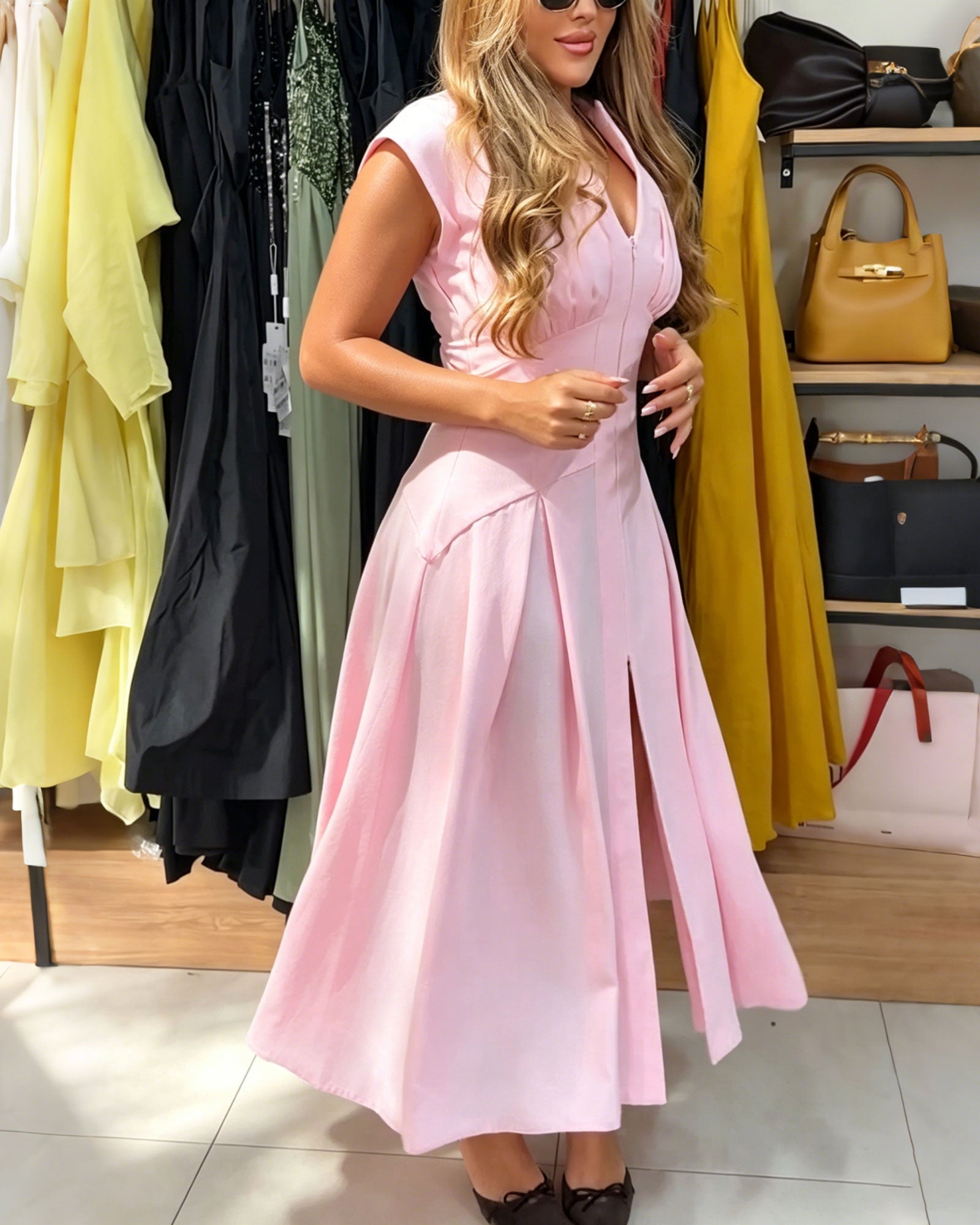 Deep V-Neck Sleeveless Lapel Midi Dress With Zipper And Pleats