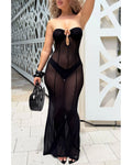 Strapless O-Ring Cutout Sheer Mesh Vertical Seam Flared Long Cover-Up Dress