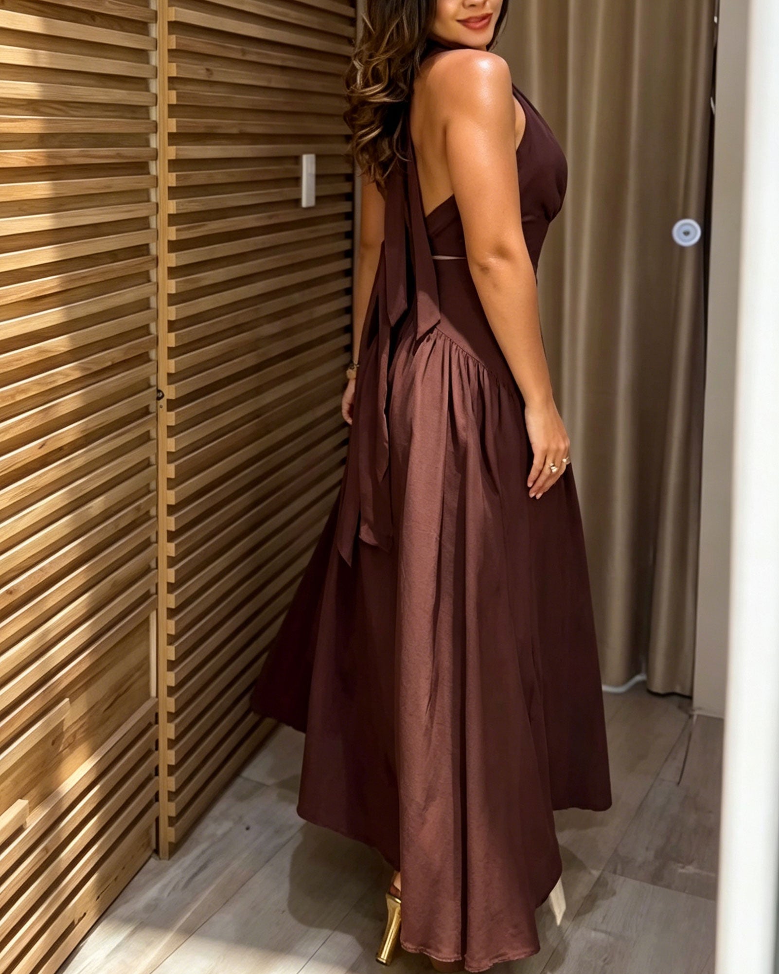 Solid Color Backless Tie Waist Pleated Flowing Long Dress