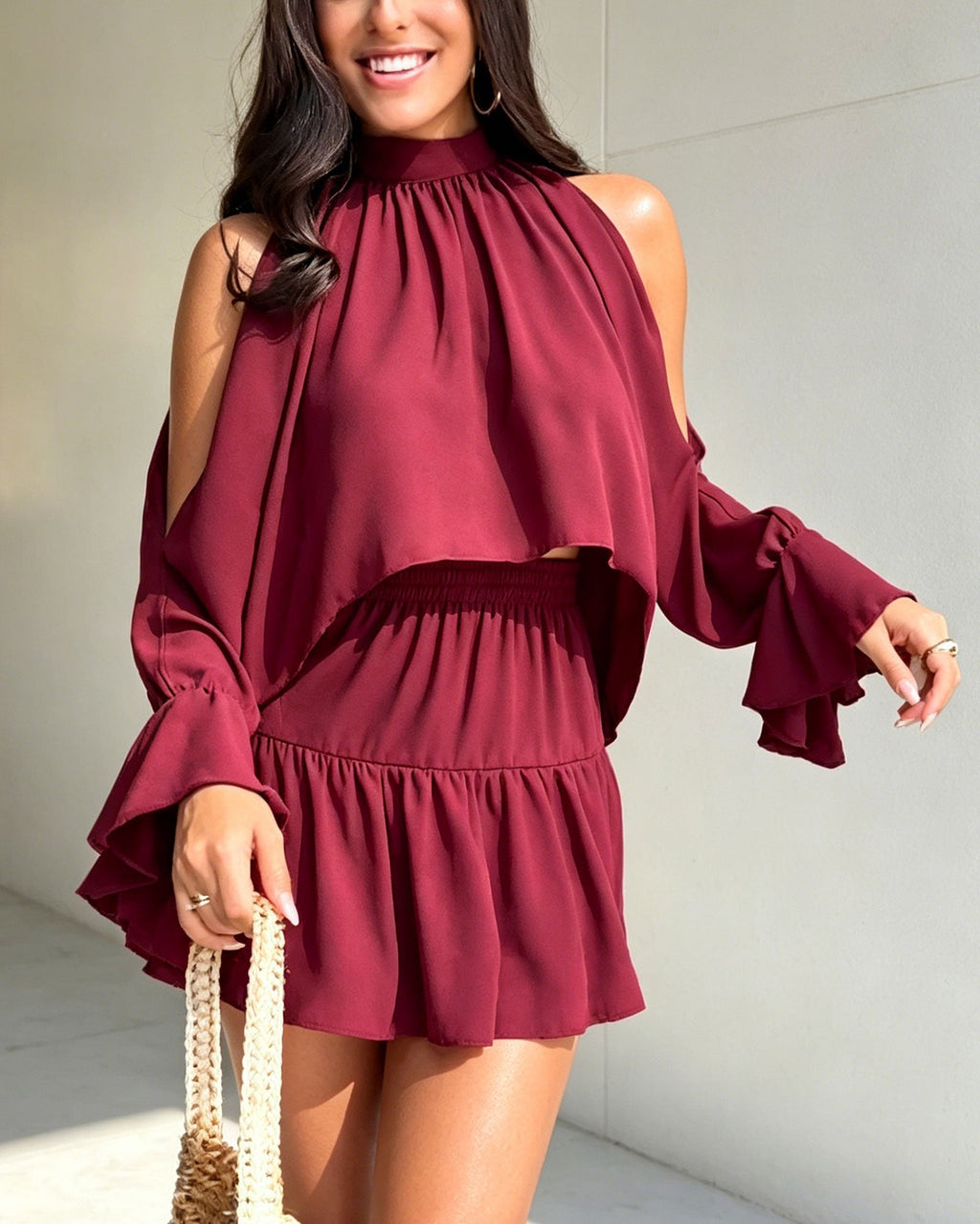Cold-Shoulder Ruffle Sleeve Top & Tiered Skort Two-Piece Set