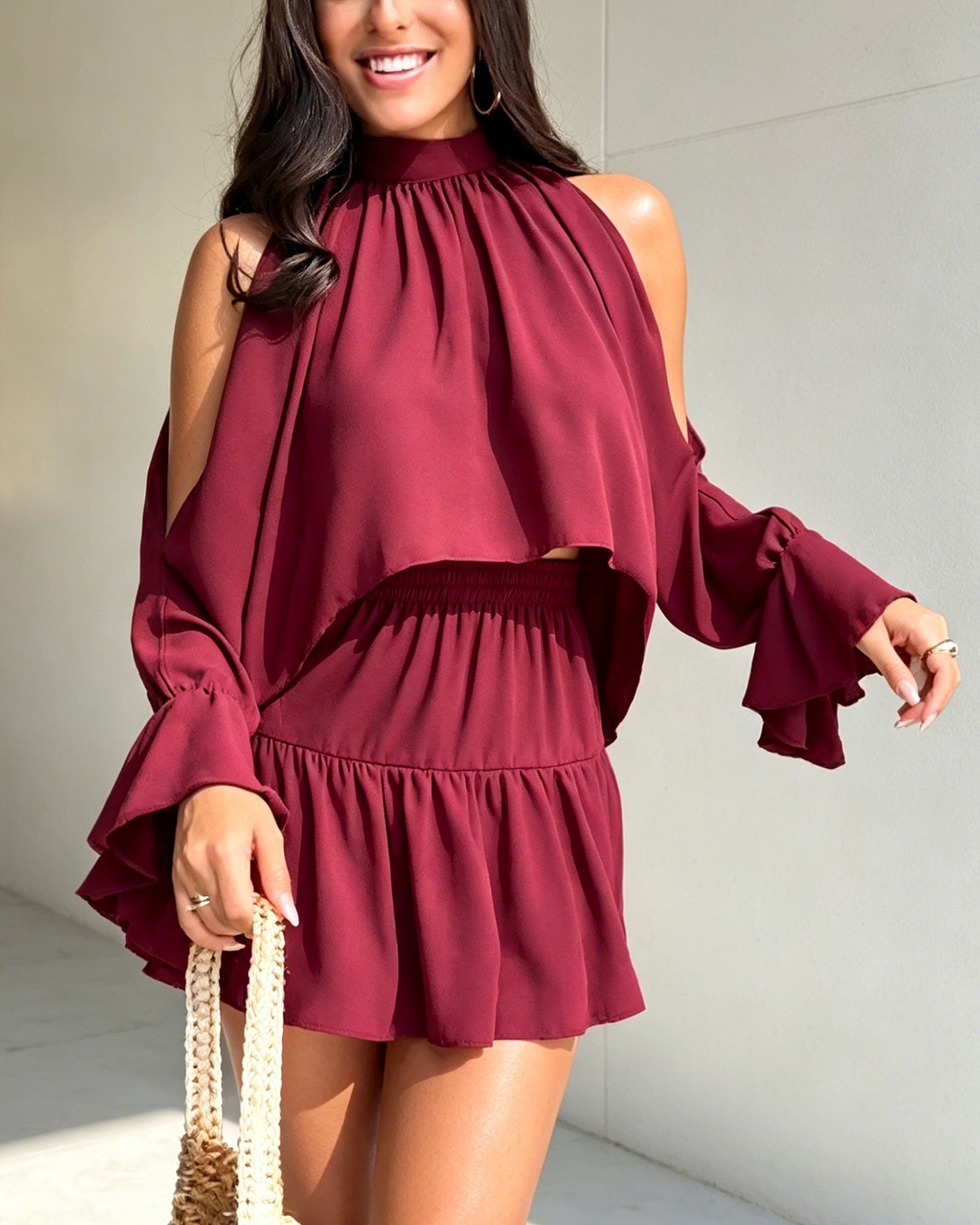 Cold-Shoulder Ruffle Sleeve Top & Tiered Skort Two-Piece Set
