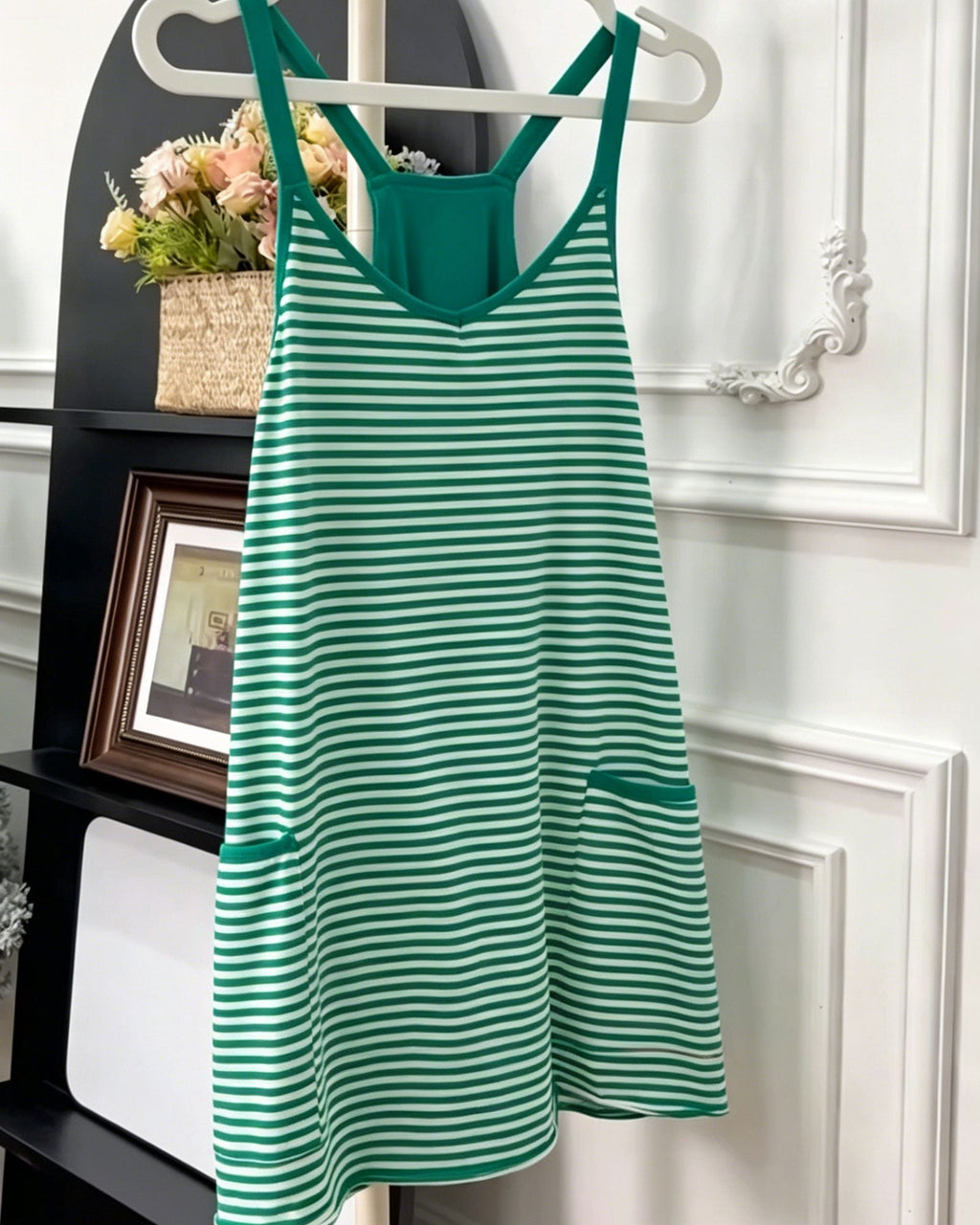 Striped V-Neck Sleeveless Swing Mini Dress with Built-In Shapewear