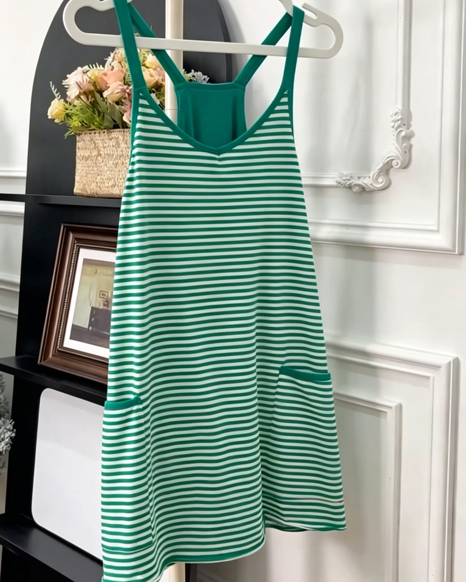 Striped V-Neck Sleeveless Swing Mini Dress with Built-In Shapewear