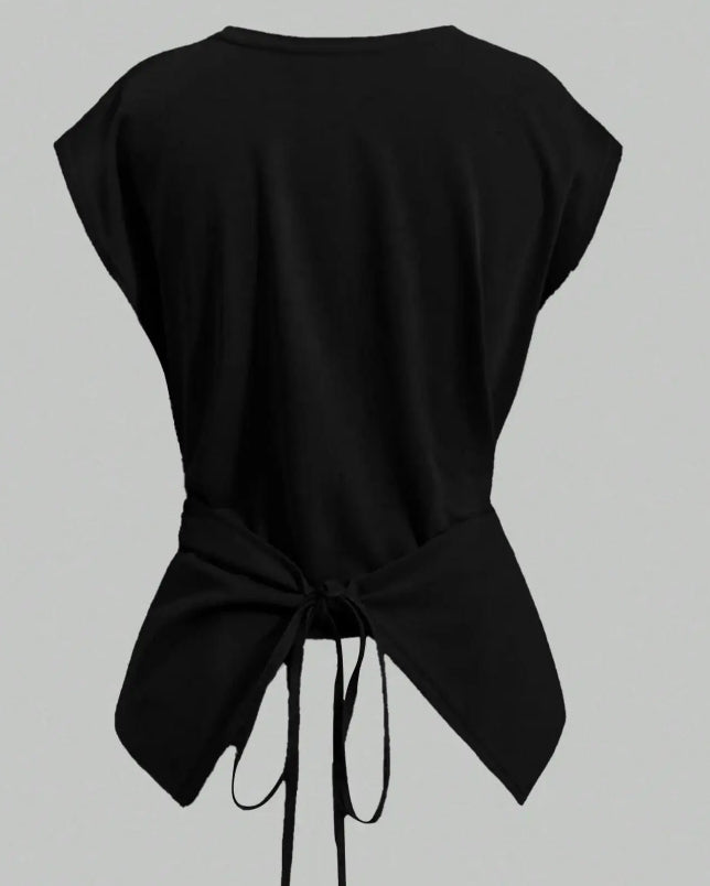 Casual Asymmetrical Criss Cross Back Tie Top For Women's Knitted Round Neck Drop Shoulder Sleeve T-Shirt