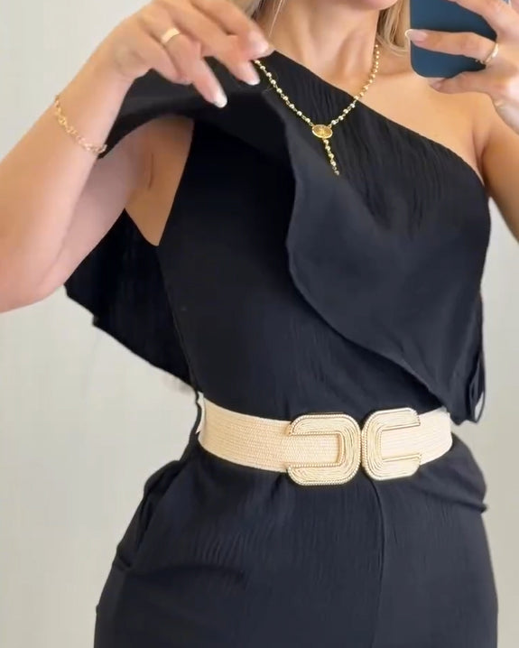 One Shoulder Ruffle Wide Leg Jumpsuit