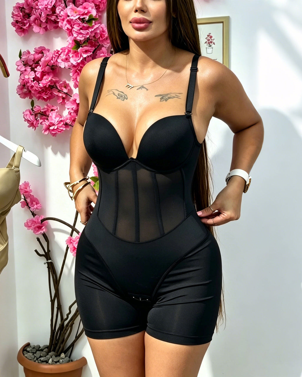 Deep V-neck Mesh Bodysuit, Shaping And Lifting The Buttocks