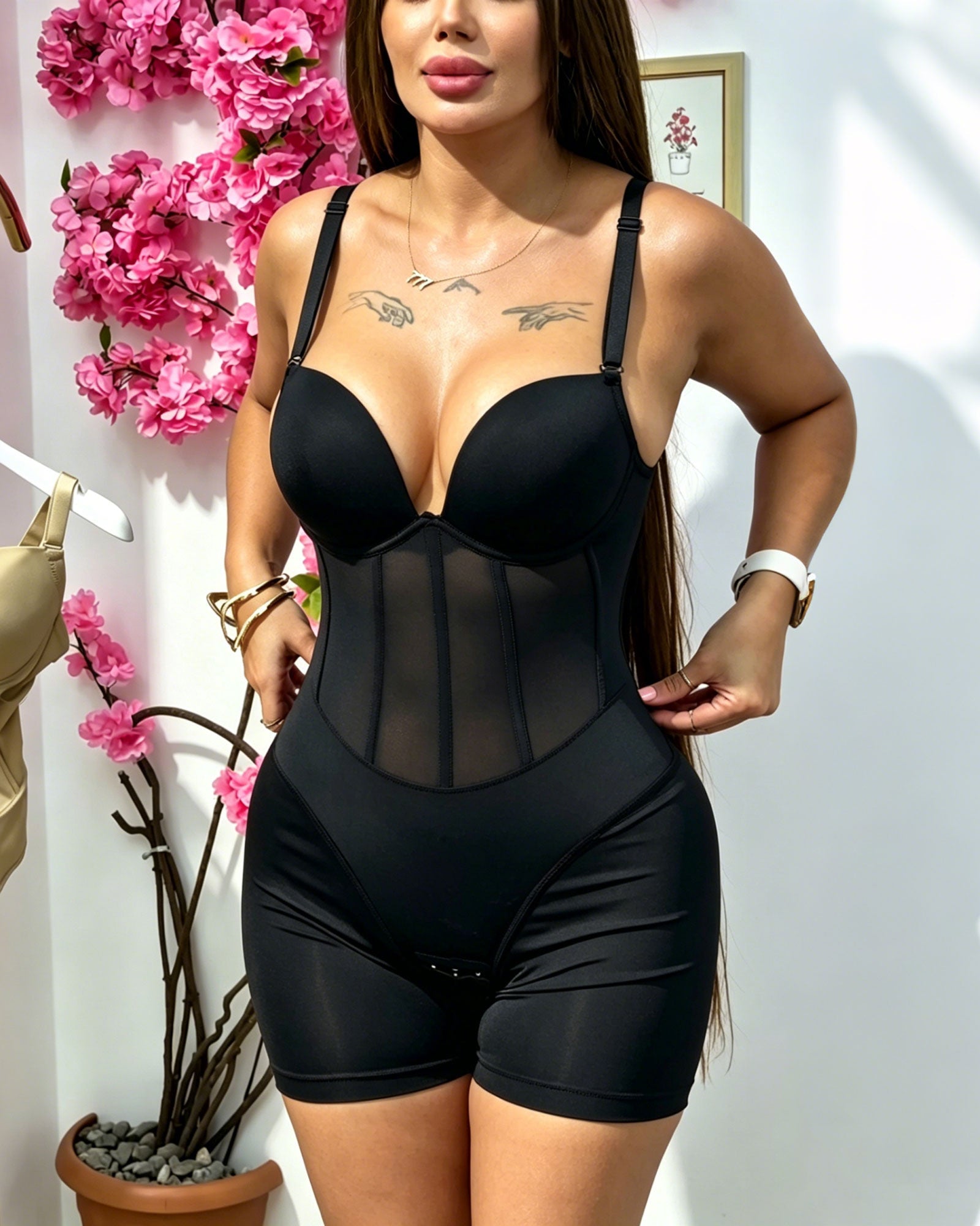 Deep V-neck Mesh Bodysuit, Shaping And Lifting The Buttocks