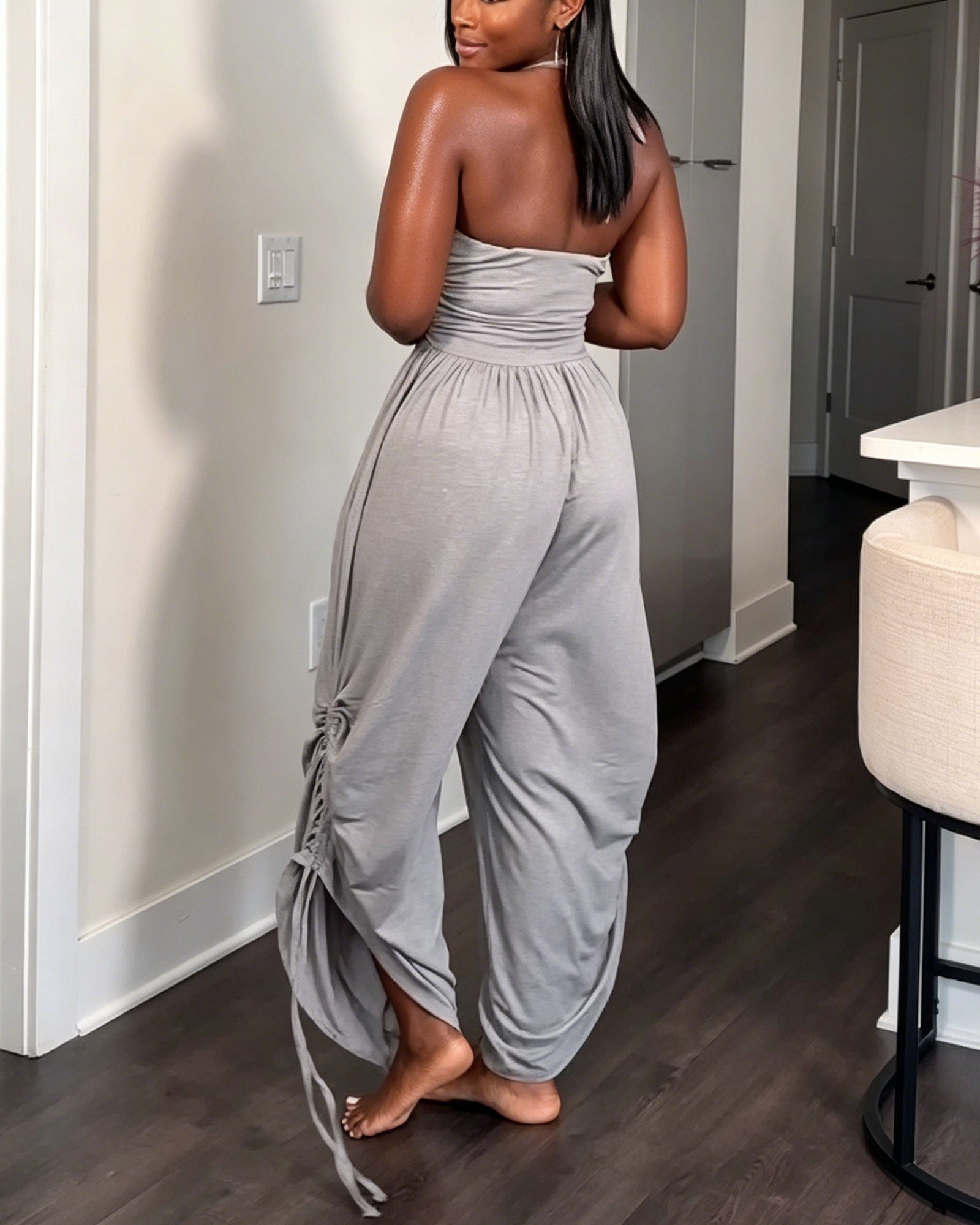 Backless Pleated Drawstring Waist Wide Leg Loose Fitting Jumpsuit