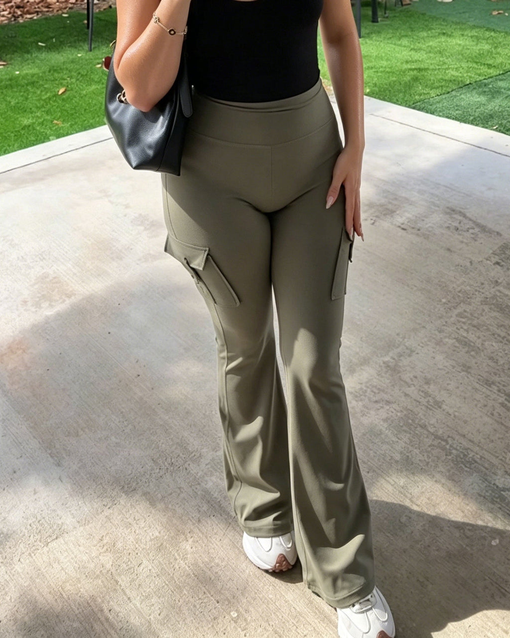 High Waisted Multi Pocket Pleated Flared Pants