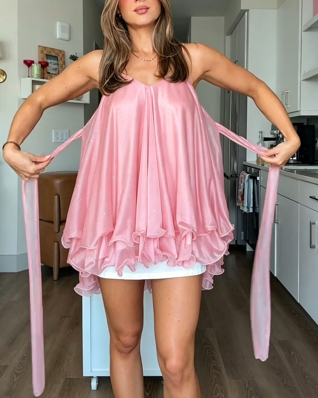 Sequined Halter V-Neck Backless Ruffled Mini Dress