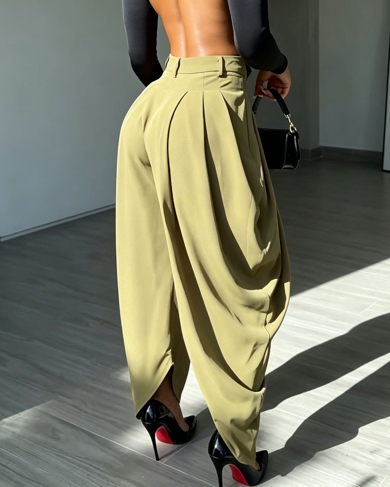 High Waisted Pleated Slit Wide Leg Harem Style Suit Pants