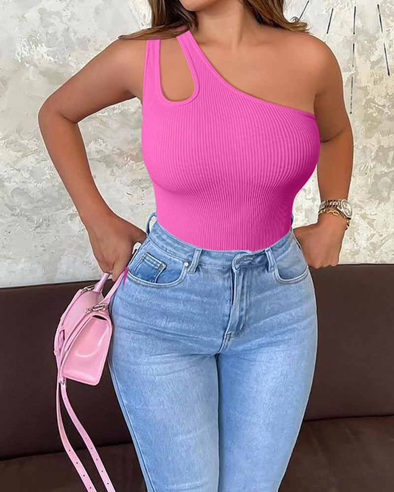 Fashion Ribbed One Shoulder Tummy Control Sexy Bodysuits