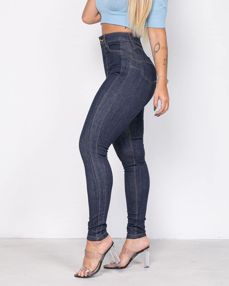 Double Side Stitched High Waisted Skinny Jeans Dark blue