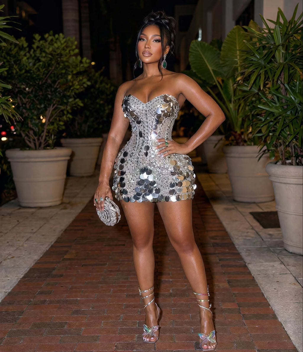Silver Rhinestone Sequins Mini Dress