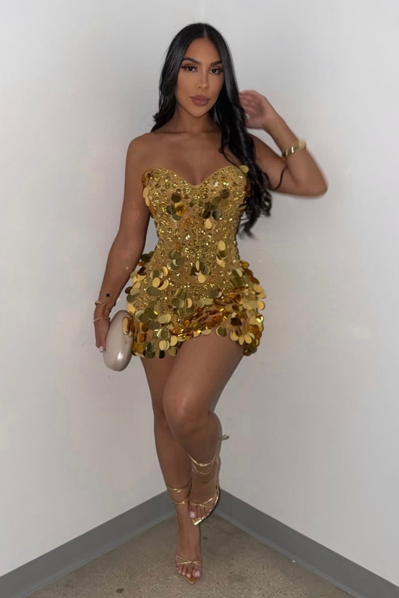 Gold Rhinestone Sequins Mini Dress