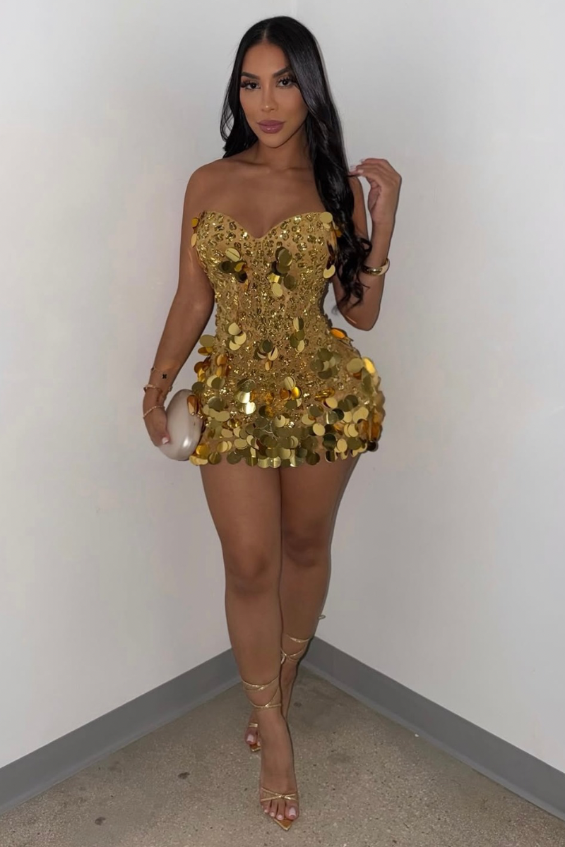 Gold Rhinestone Sequins Mini Dress
