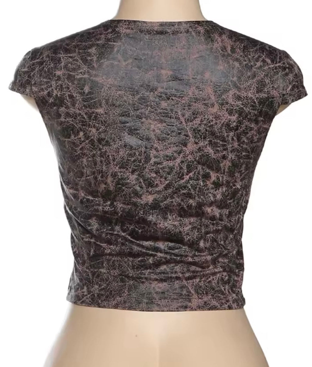 Brown faux leather crop tee