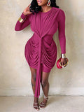 Solid Ruched Draped Dress Hot Pink