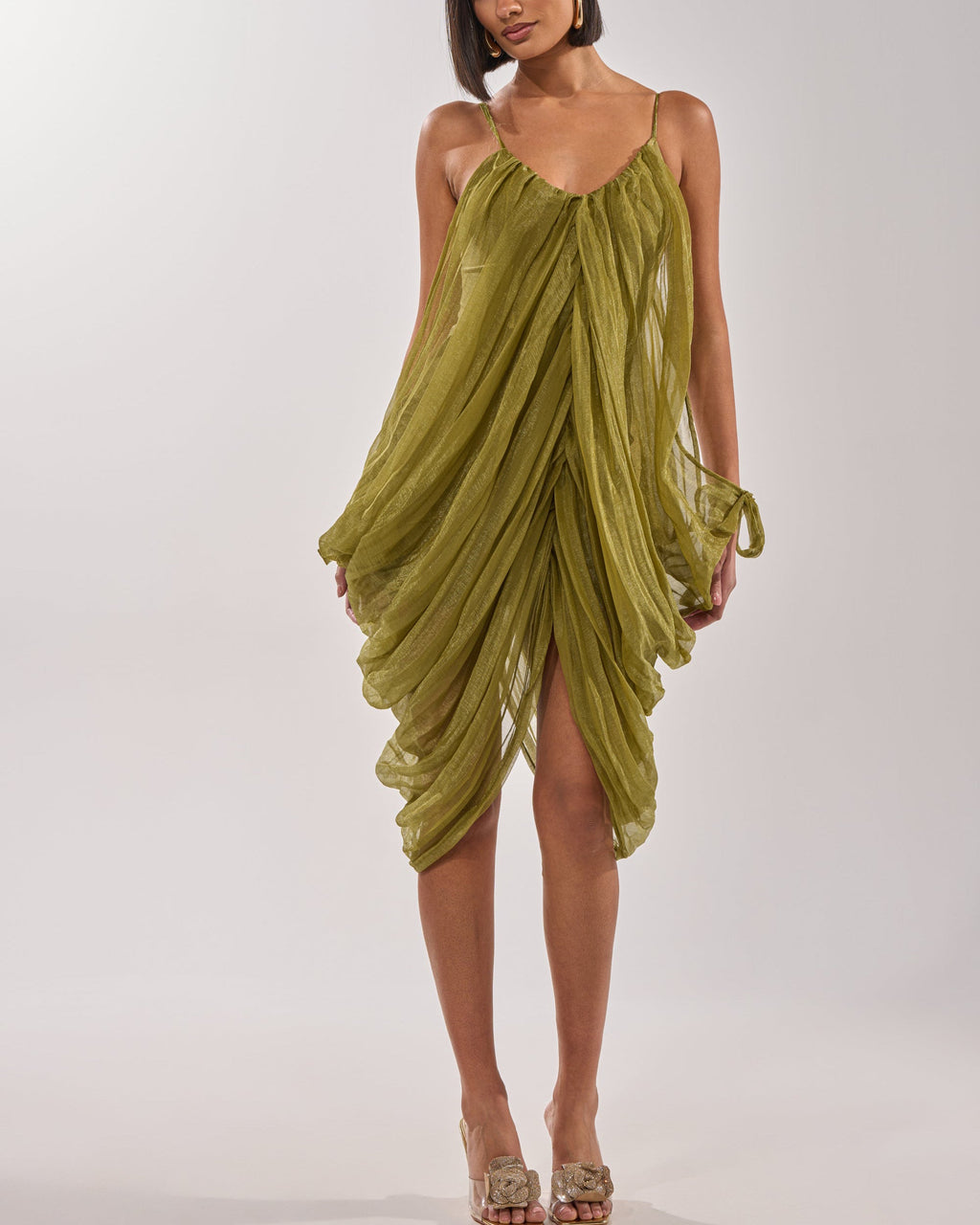 Women's Elegant Draped Mesh Midi Dress Sexy Plunging Neckline Ruched Cami Slip Dress