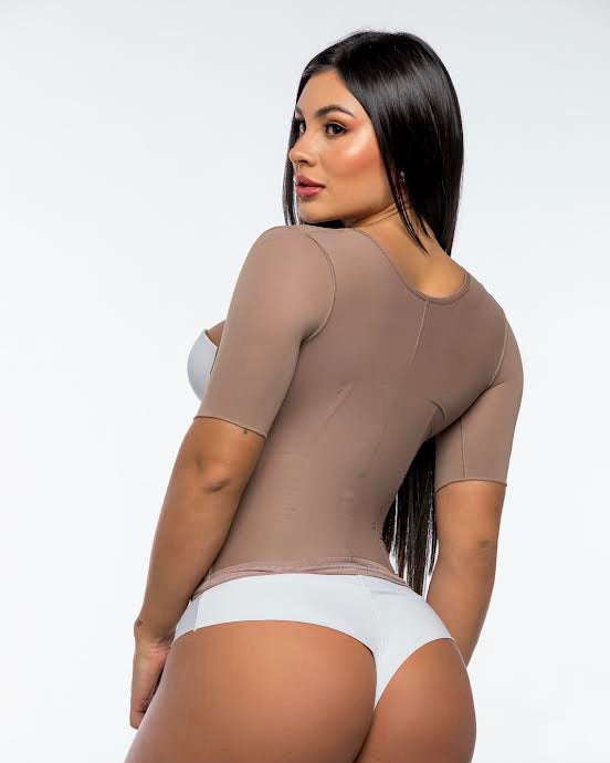 Fashion Waist Cincher Open Bust Short Sleeve Shapewear RosyBrown