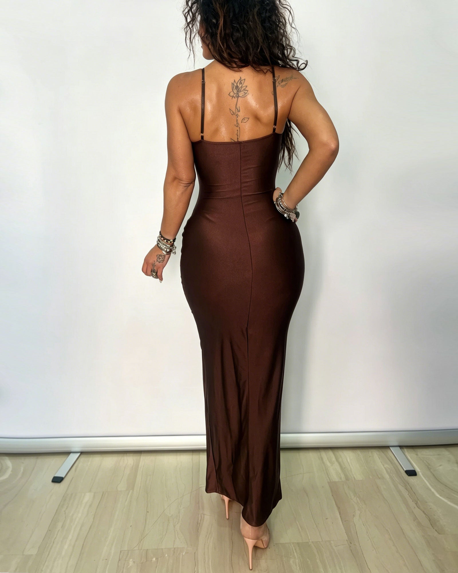 Satin Floral Tulle Lace Halter Top With Twisted Waist  High Slit Mid Length Fitted Dress