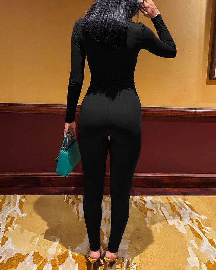 Sexy Draped Neck Slimming Long-Sleeved Jumpsuit