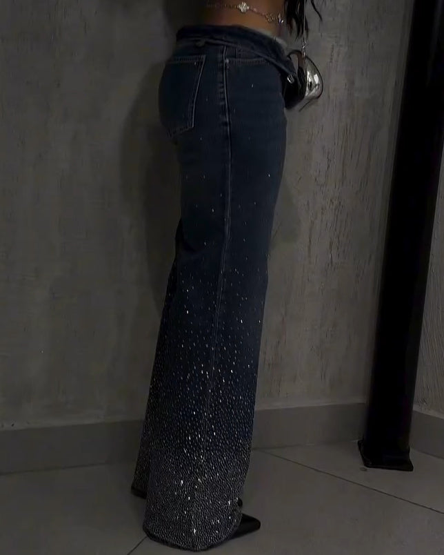 High-Waisted Rhinestone-Embellished Straight-Leg Jeans