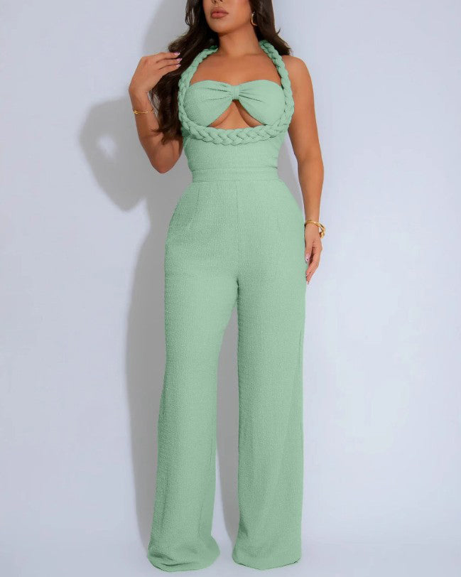Braided Style Slip Sleeveless Loose Straight Jumpsuit LightGreen