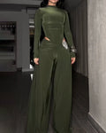 Women's Long-Sleeved Wide-Leg Slim Fit Two-Piece Set Green