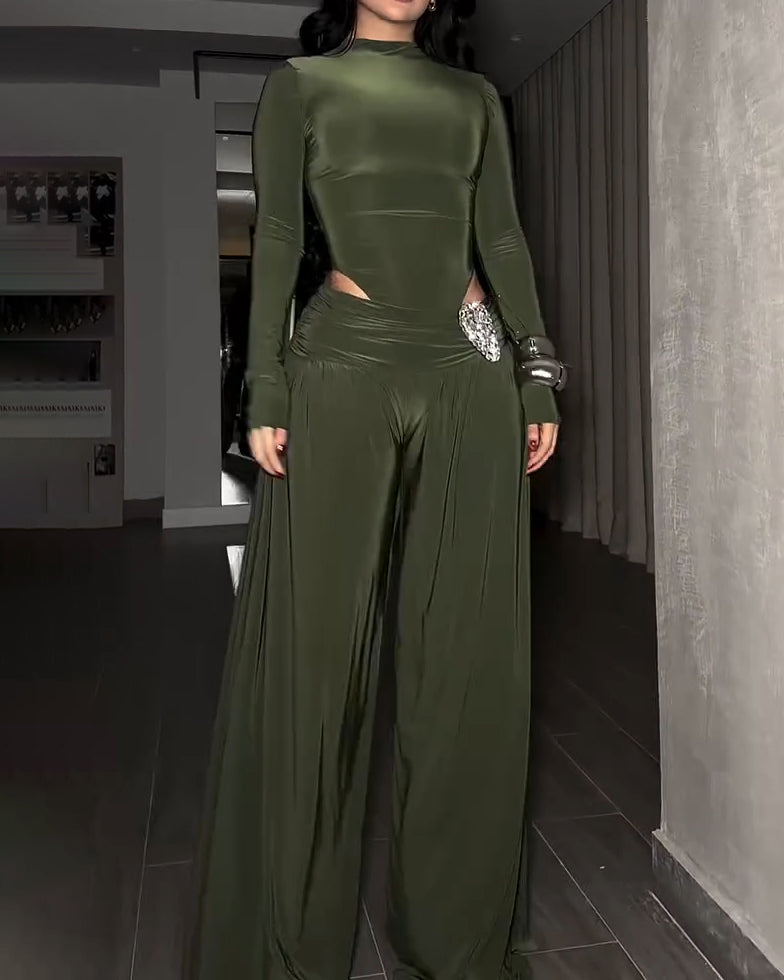 Women's Long-Sleeved Wide-Leg Slim Fit Two-Piece Set Green