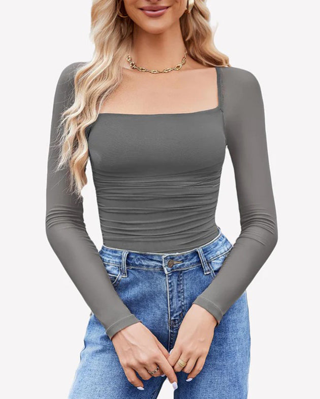Sexy Square Neck Ruched Mesh Long Sleeve Shaping Bodysuit Gray