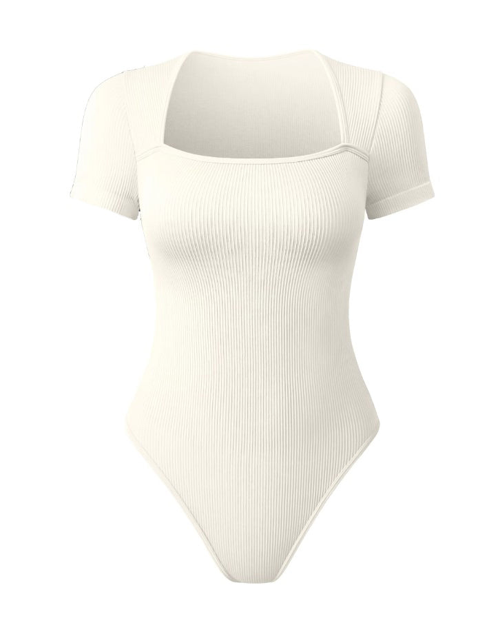 Square Neck Short Sleeve Ribbed Thong Bodysuit