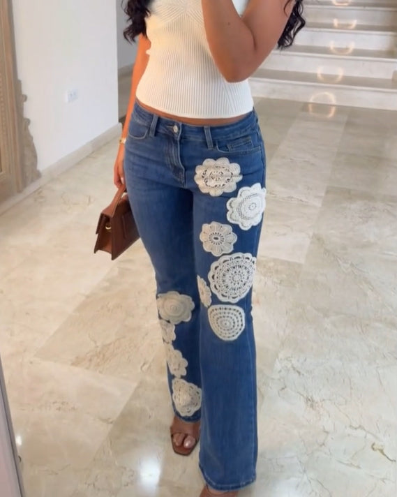Floral Crochet Slim-Fit Skinny Flare Jeans
