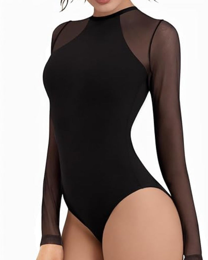 Long Sleeve Sheer Mesh Slimming Bodysuit