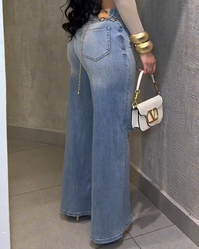 Women's High-Stretch Ripped Wide-Leg Jeans