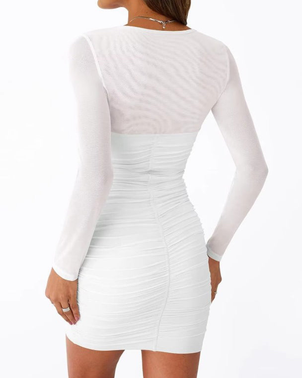 Women's Square Neck Mesh Long Sleeve Ruched Bodycon Dress