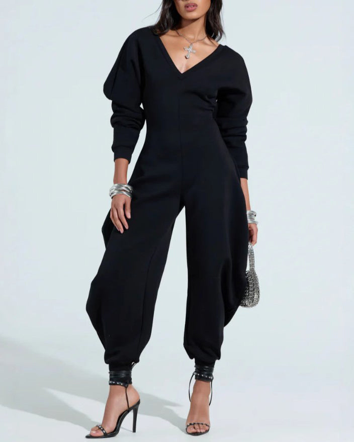 V-Neck Sexy Slim Long-Sleeved Jumpsuit Black